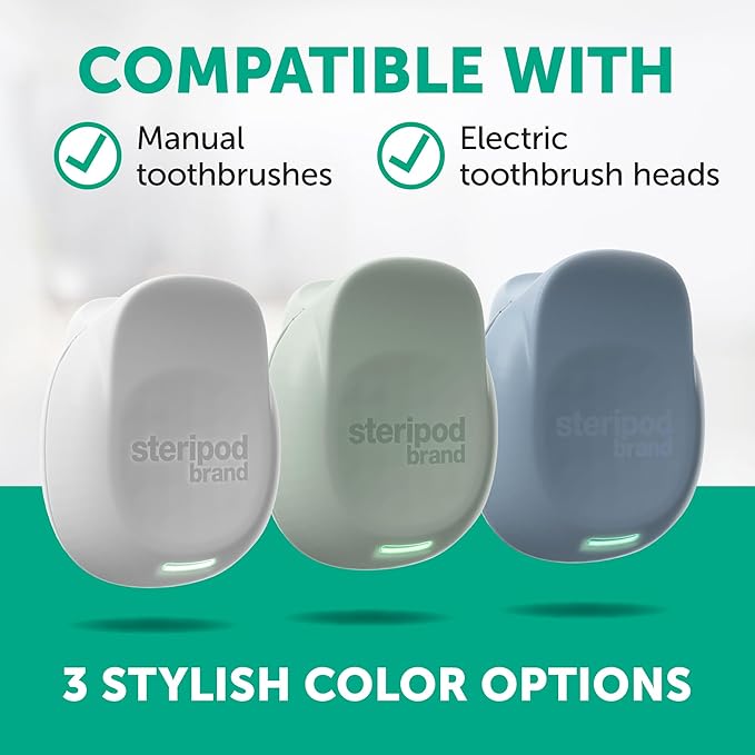Steripod Brand Portable UV Toothbrush Sanitizer Clip, Reduces Harmful Microorganisms, Rechargeable, Sage, 1 Count