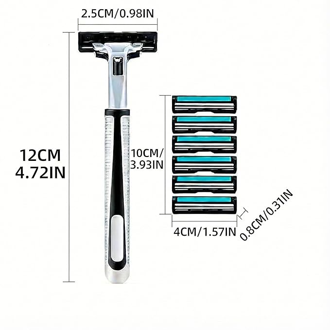 BOROLA Shaving Razor Set for Men, Double-Layer Razor Blades, Washable 3-in-1 Manual with 6 Replacement Heads,1 Handle, Storage Box Close Comfortable Shave, Travel Friendly