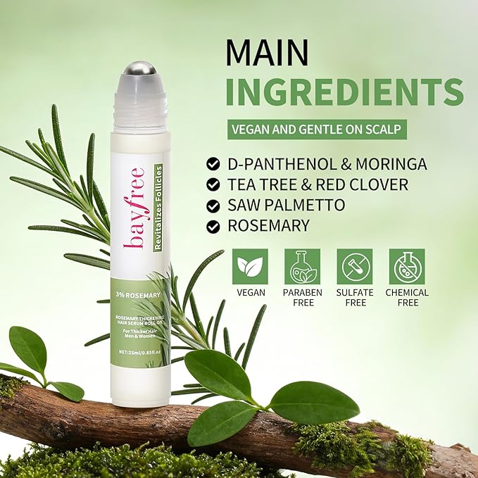 Rosemary Oil for Hair Growth Serum Roll On with 3% Rosemary, Hydrating & Non-Greasy Scalp Serum for Thicker-Looking Hair, Daily Care Massage Roller Applicator for Men & Women, 25ml