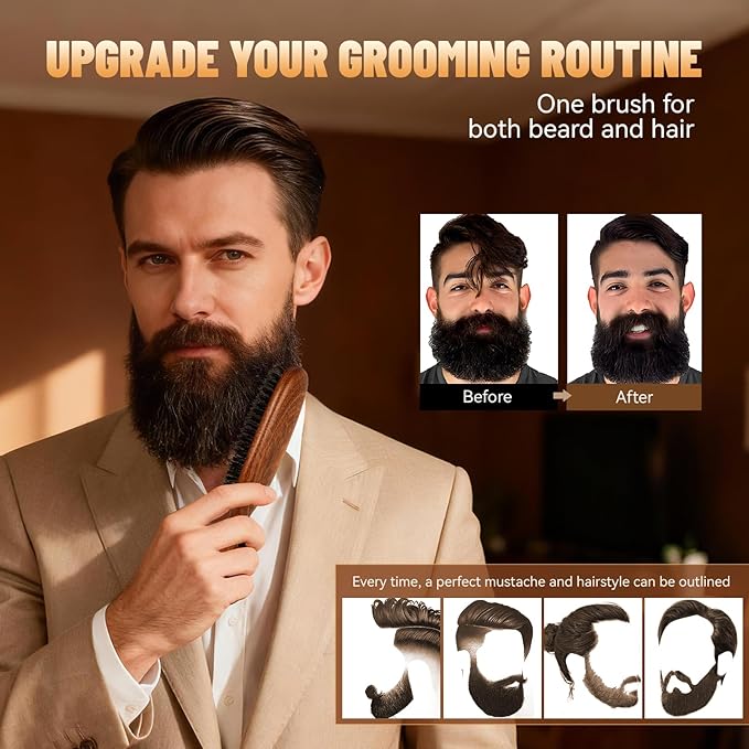 Hair and Beard Brush Kit for Men with Natural Boar Bristles and Sapele Wood Ergonomic Handle, Mustache Comb Grooming Gift for Thin Fine Hair Growth, Detangle, Smoothing, Taming, 9.1 Inches