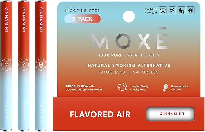 MOXE Natural Cinnamint Air Inhaler | Non Electric Long-Lasting Flavored Air Refreshing Support | Oral Fixation Cinnamon & Menthol Essential Oils, Craving Relief - 3 Pack