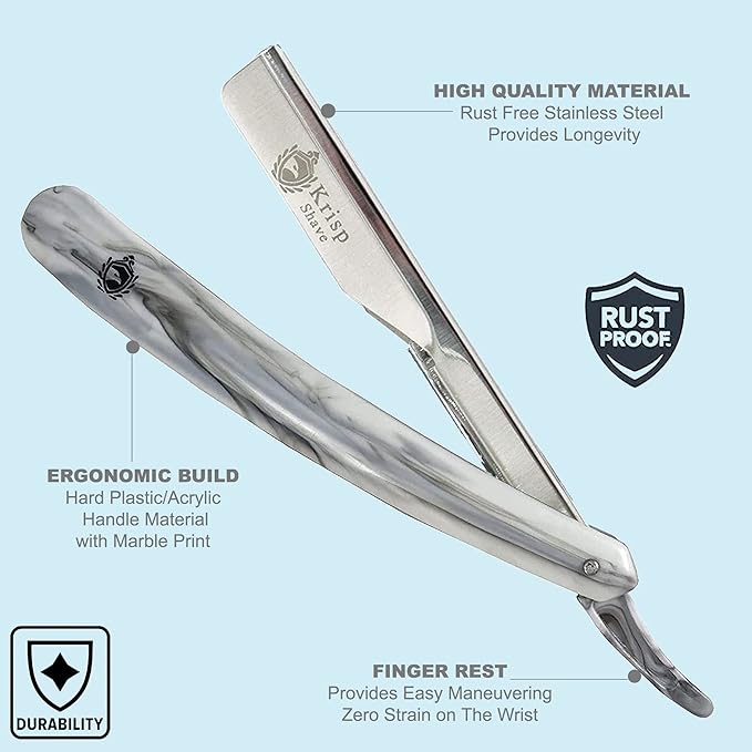 Professional Straight Razors For Men - Barber Razor Straight Edge Razor Shaving Kit For Close Shave - Beard Cut Throat Safety Razor Navajas Para Barbero Shavette With 10 Shaving Blades By Krisp Beauty