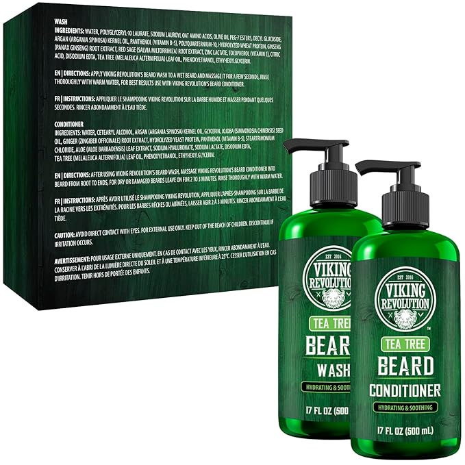 Viking Revolution Tea Tree Oil Beard Wash and Beard Conditioner For Men - Natural Beard Softener Set with Argan Oil, Vitamin E and Ginseng - Beard Shampoo and Conditioner Set (17 Oz)