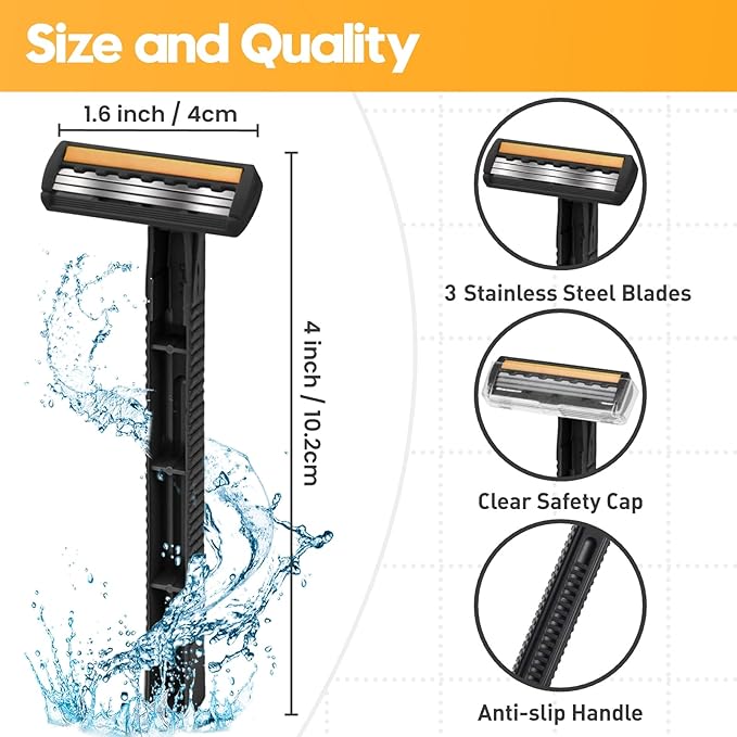 3-Blade Disposable Razors for Men & Women – 100 Pack Bulk Stainless Steel Shavers with Lubricating Strip & Safety Cap, Non-Slip Handle for Sensitive Skin, Travel, Hotel, Charity (Black)