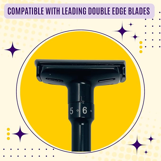 G.B.S Double Edge Safety Razor – Premium Black Steel Shaving Razor with Weighted Handle, Leather Travel Case & 10 DE Blades – Smooth, Close, and Comfortable Shave for Men