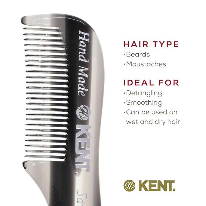 Kent A 81T Graphite X-Small Gentleman's Beard and Mustache Pocket Comb, Fine Toothed Pocket Size for Facial Hair Grooming and Styling. Saw-cut of Cellulose Acetate, Hand Polished. Hand-Made in England