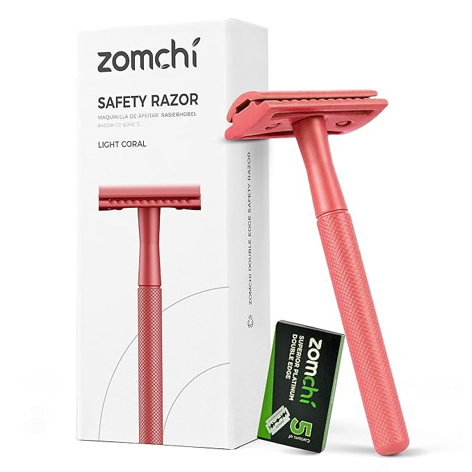 ZOMCHI Single Blade Double Edged Safety Razor with 5 Safety Razor Blades, Metal Razor for Men & Women, Single Blade Razor – Light Coral
