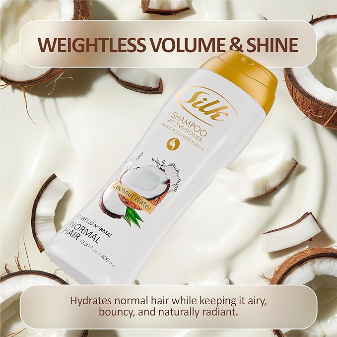 SILK 2 in 1 Shampoo and Conditioner for Normal Hair – Moisturizing Wash with Coconut Oil – Anti-Frizz, Detangling & Smoothing for Men & Women – Coconut Water Scent, 13.6 fl oz (Pack of 4)