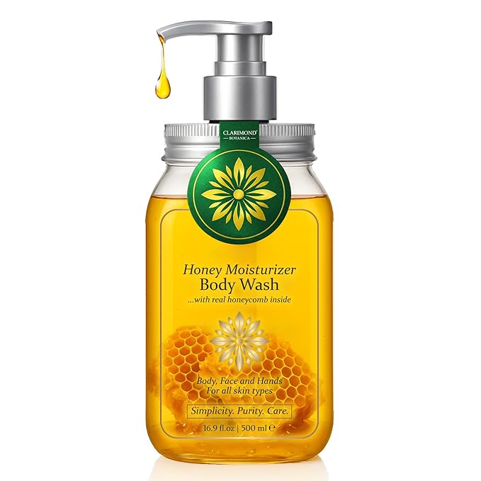Organic Honey Body Wash – Honey Shower Gel w/Royal Jelly, Propolis & Real Honeycomb – Body Wash for Dry & Sensitive Skin – 16.9 fl oz / 500 ml Pump Bottle, Paraben & Sulfate Free