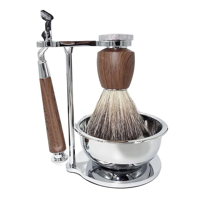 Luxury Safety Razor Shaving Kit for Men,with Shaving Bowl,Badger Hair Brush,Shaving Stand and Manual Razor Compatible with 3-Layer Razor Cartridge,Unique Wet Shave Set Gift for Men