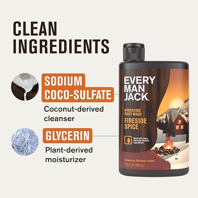 Every Man Jack Hydrating Body Wash - Fireside Spice - Deeply Clean with Glycerin + Naturally Derived Ingredients - 13.5 oz (2 Pack)