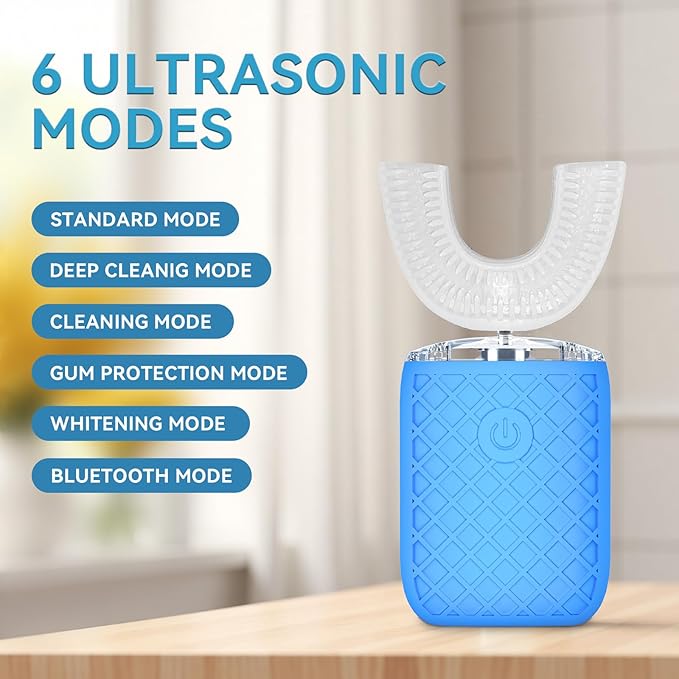 Adult Sonic Automatic Electric Toothbrush, 360° Oral Cleaning Stain Whitening, IPX7 Waterproof Rechargeable, u-Shape Brush Head*3+Straight Handle Brush Head*2 (Blue - Cup)
