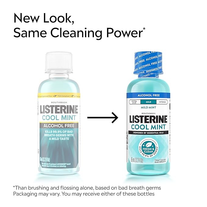 Listerine Cool Mint Alcohol-Free Mild Mouthwash, Oral Rinse Kills 99.9% of Germs that Cause Bad Breath, Less Intense Taste, Mild Mint Flavor, 3.2 fl. oz