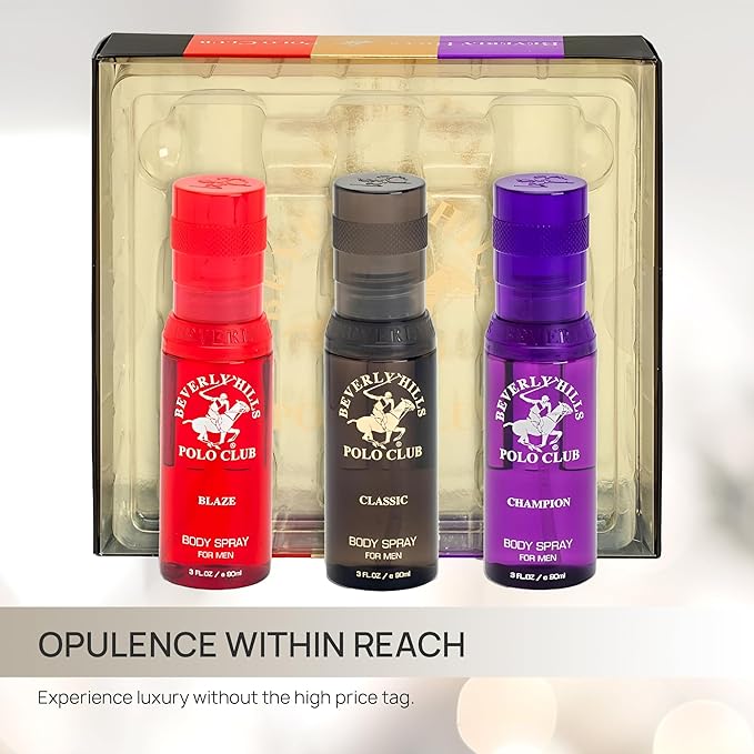 Beverly Hills Polo Club Men's Luxury Body Spray Gift Set - 3 x 3oz Designer Cologne Scents for Dynamic Freshness, Confidence & Active Lifestyles | Gold Collection Ideal for Gifting