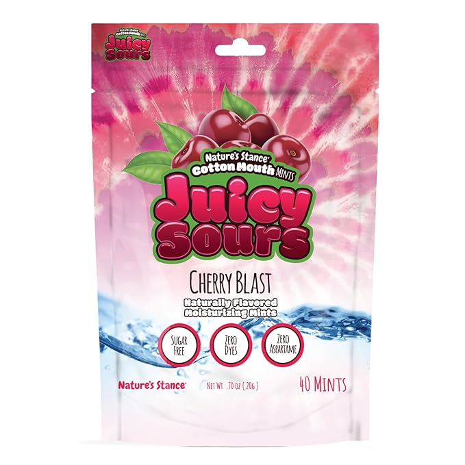 Nature’s Stance Cotton Mouth Juicy Sours Xylitol Mints for Dry Mouth Relief - Sugar Free Mints, Stimulate Saliva & Freshen Breath, Throat, Teeth, Gums - Xylitol Lozenges, 40 Count (Cherry Blast)