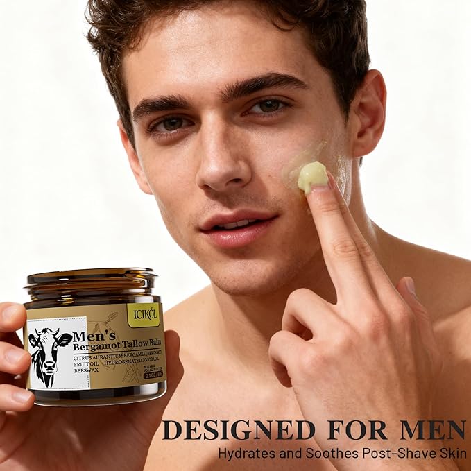 Beef Tallow Honey Balm, Grass-Fed Tallow Moisturizer for Face & Beard, Deep Hydration Cream with Bergamot Scent, Handmade Natural After Shave Care for Men, 2.1 oz