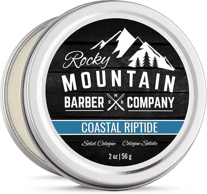 Rocky Mountain Barber Company Solid Cologne for Men – Coastal Riptide Scent – 2 Oz Size - Made with Coconut Oil, Shea Butter - Long-Lasting Scent (Coastal Riptide)