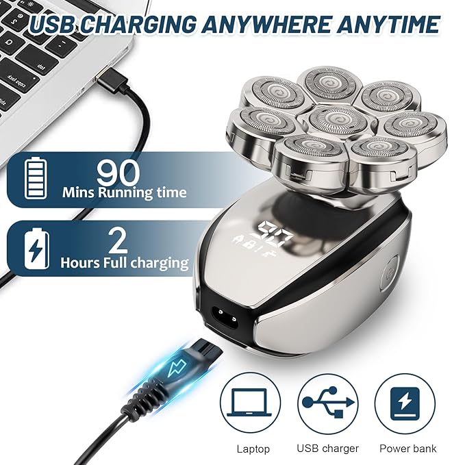Electric Head Shavers for Men：- 6 in 1 Head Shavers for Bald Men, IPX6 Waterproof Men's 8D Electric Head Razor, Wet&Dry Rotary Shaver Grooming Kit with Nose Beard Trimmer Hair Clipper