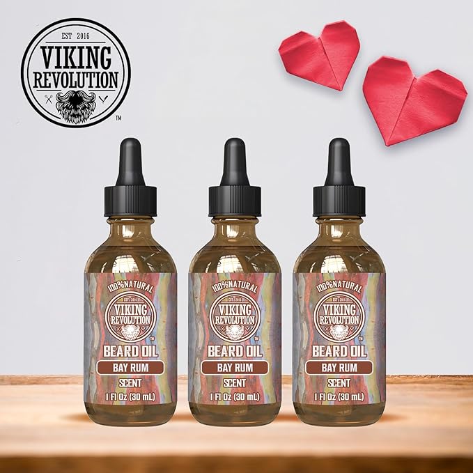 Viking Revolution Bay Rum Beard Oil for Men - Natural Argan and Jojoba Oil Blend for Softening, Strengthening, and Moisturizing Beards (3 Pack)