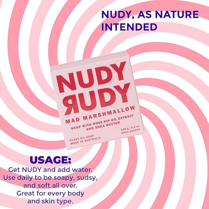 Nudy Rudy Mad Marshmallow Soap Bar Puck, Made with Organic Shea Butter and Rose Hip Oil, Triple Milled Bar, No Harsh Ingredients, All Skin Types, 4.2 oz, Made in Australia