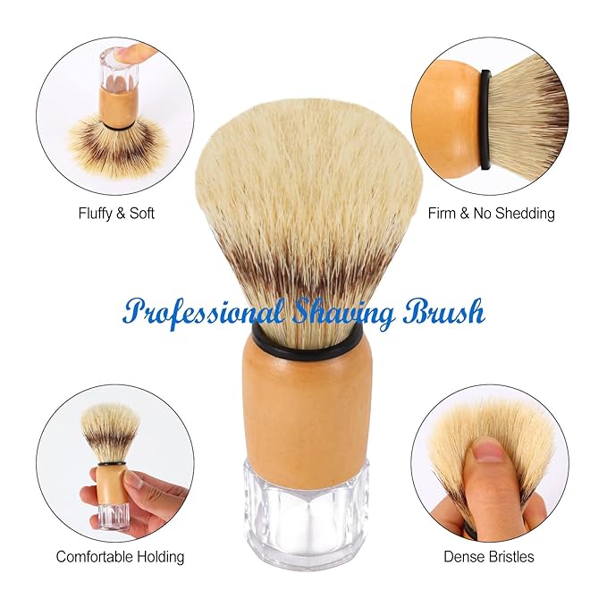 Genixart Nature Bristle Shaving Brush with Varnished Wooden Handle Plus Transparent Base, Perfect for Mens Wet Shave (1pc Gift Pack)