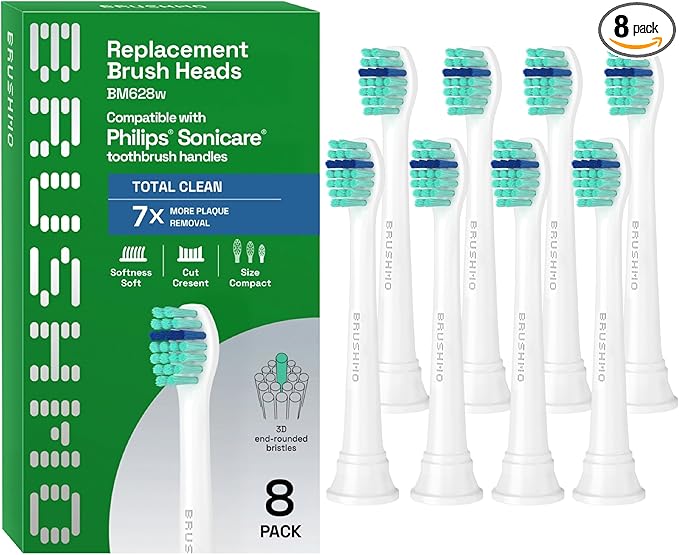 Brushmo Total Clean Replacement Toothbrush Heads, Compatible with Philips Sonicare Click-on Electric Toothbrush Handles, 8 Compact Heads for Hard-to-Reach Areas, Soft Dupont Bristles, BM628, White