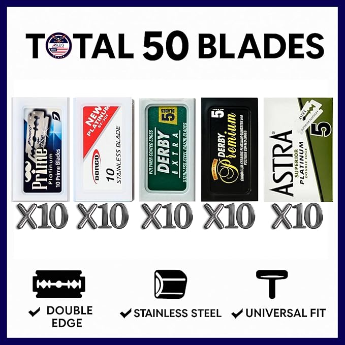 Double Edge Safety Razor Blades Sampler Pack for Men-Includes 3 Top Global Brands: Dorco Astra Derby-Comfortable Shaving –Fits All Double Edge Safety Razors (50)