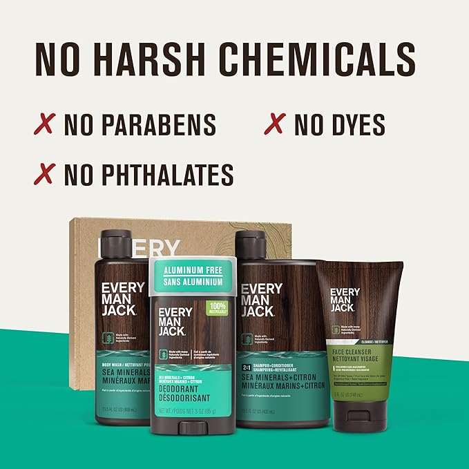 Every Man Jack Men's Bath and Body Gift Set - Sea Minerals + Citron Scent - Clean Ingredients - Includes Hydrating Body Wash, 2-in-1 Shampoo, Aluminum-free Deodorant & Face Wash
