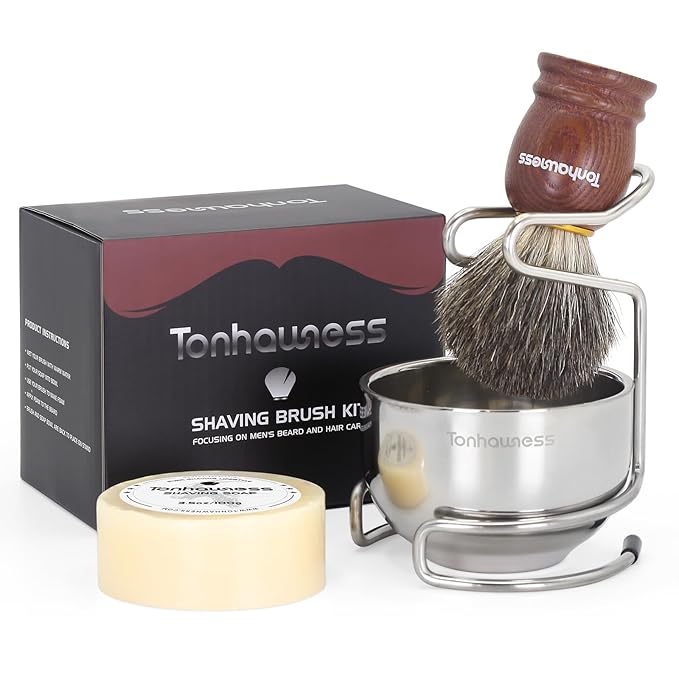 Shaving Brush Kit for Men, 4 in 1 Shaving Brushes Set Includes Badger Hair Shave Brush, Shaving Bowl & Stand and Shaving Soap Kit for Men’s Shave Gift