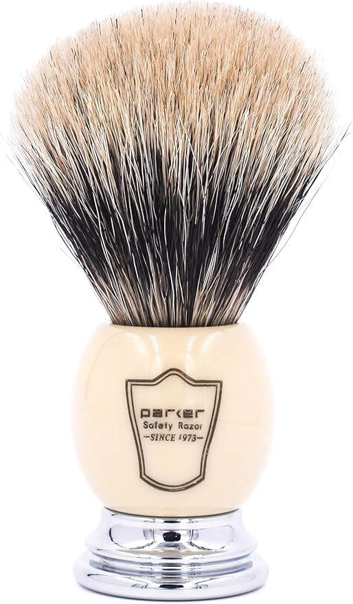 Parker Pure Badger Shaving Brush with Faux Ivory & Chrome Handle + Stand | 22mm Knot for Rich Lather | Handcrafted Shaving Tool for Cream or Soap | Classic Wet Shaving Brush | Iconic Brand