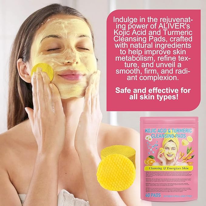 Turmeric Kojic Acid Cleansing Pads, 80 Counts Turmeric Face Scrub Pads, Enriched with Vitamin B5 & C, Daily Skin Care for Men & Women Face Cleansing and Exfoliation