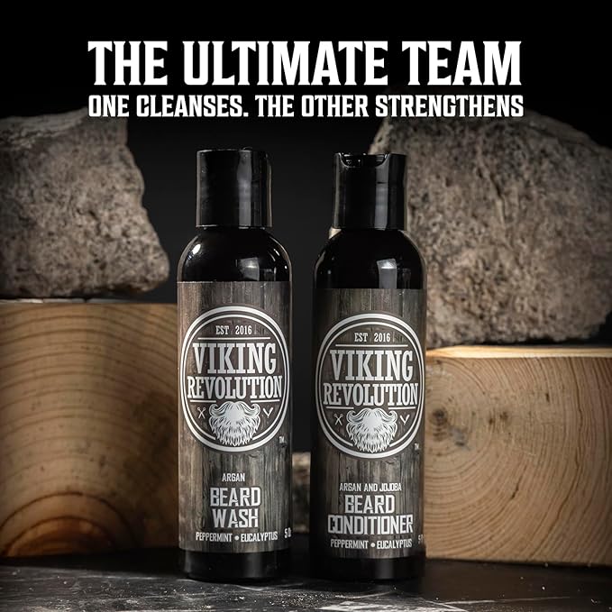 Viking Revolution Ultimate Conditioner for Men's Beard Grooming - Softens, Smoothes and Soothes Beard Itch- Contains Wash, Conditioner, Beard Oil, Balm and Comb- Classic Set