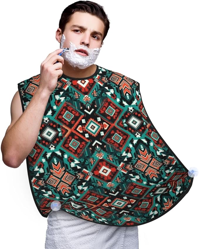 Beard Hair Catcher Bib, Waterproof Non-Stick Grooming Apron for Shaving Trimming, Perfect for Men Dad, Ethnic Aztec Geometric Indiana Western Southwest Pattern Shave Bib