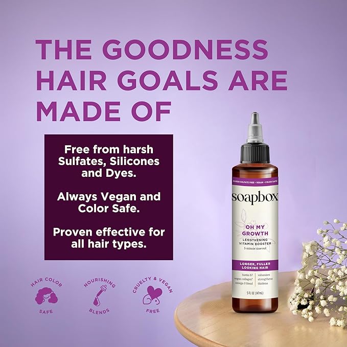 Soapbox Oh My Growth, Lengthening Vitamin Booster Treatment for All Hair Types with Biotin, Vegan Collagen & Vitamins A & C, Paraben & Cruelty Free, For Thicker, Fuller Hair for Men & Women (5 oz)