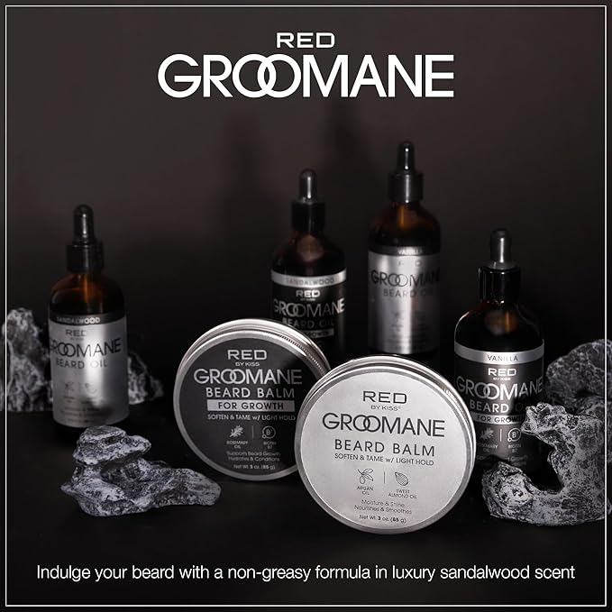 Red by Kiss Groomane Beard Balm Sandalwood, 3oz, Soften & Tame, Light Hold, Promotes Full, Healthy Look Beard Strengthen Facial Hair, Reduce Breakage