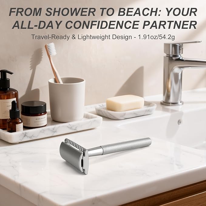 Safety Razor for Men & Women - Double Edge Single Blade Razor with 10 Blades, Reusable One Blade Razor for Close Shave (Mens & Womens Razor, Eco-Friendly)-silver