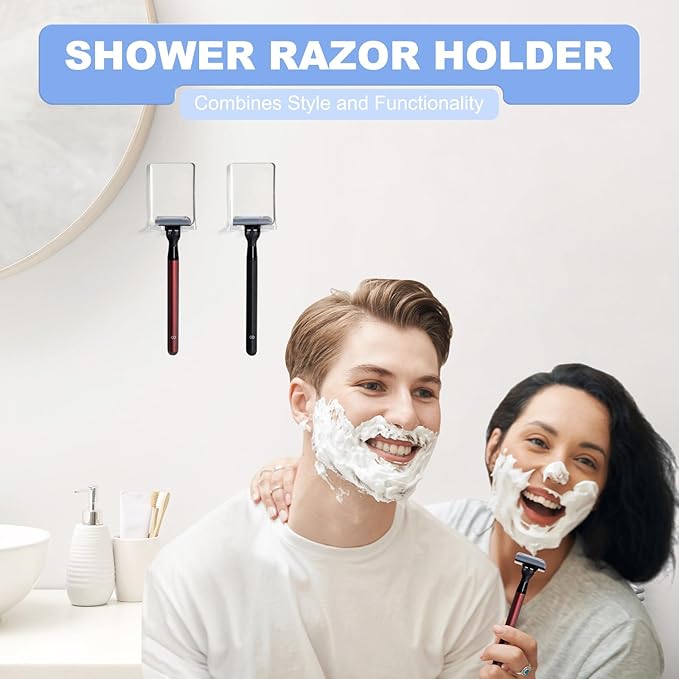 VIS'V Adhesive Razor Holder, Wall Mount Shower Razor Hooks for His and Hers, Acrylic, Waterproof, Clear, 2 Pcs
