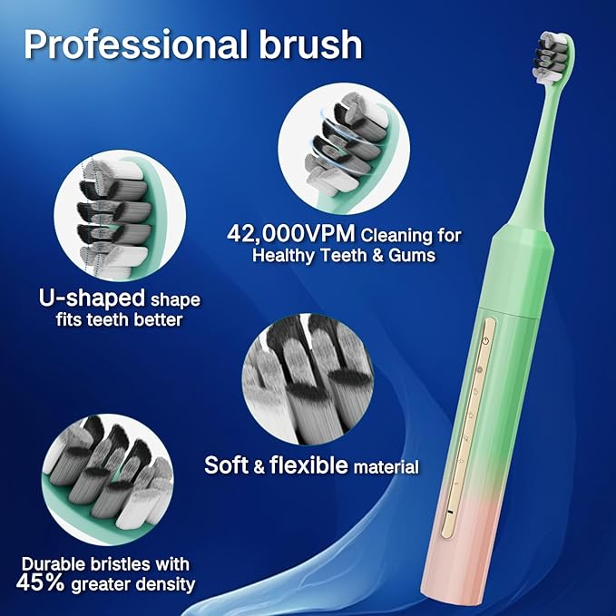 Sonic Electric Toothbrush 42000 Vibrations with 10 Brush Heads Suitable for Adults 90 Days of Use on a Single Charge,5 Modes Built-in 2-Minute Smart Timer, IPX8 Rated Waterproof (Green Pink)