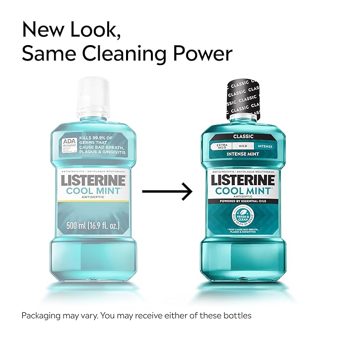 Listerine Cool Mint Intense Antiseptic Mouthwash, Daily Oral Rinse Kills 99.9% of Germs That Cause Bad Breath, Plaque and Gingivitis. for a Fresh, Clean Mouth, Intense Mint Flavor, 250 mL/ 8.5 Fl.Oz.