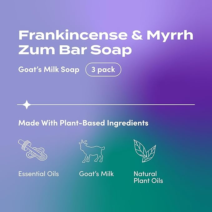 Indigo Wild Zum Goat's Milk Soap Bar - Bar Soap for Hands & Body Made with Essential Oils - 3 oz - Frankincense & Myrrh (3 Pack)