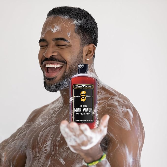 BushKlawz URBAN PRINCE MAN WASH Men’s Original All in One 3-in-1 Shampoo Conditioner Hair Beard Body Wash Man Made American Viking Crew Cannon Wash with Bulldog Duke PH Ballwash