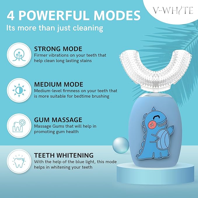 V-WHITE Electric Toothbrush Kids- Ultrasonic U-Shaped Toothbrushes for Teeth Whitening - 360° Mouth Cleansing, Hands Free Gums Protection - Wireless Charging & LED Light - Waterproof IPX7 Certified