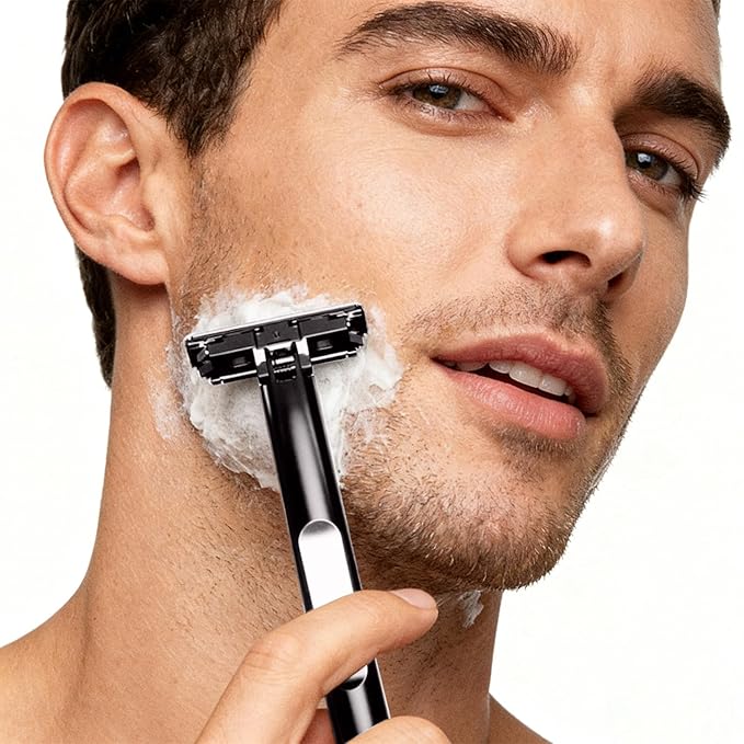 Men's Safety Razor with Silvery Double Stainless Steel Blades - 2 Half Flexible Blades for Smooth Gliding Shave & Beard Care (Silver)