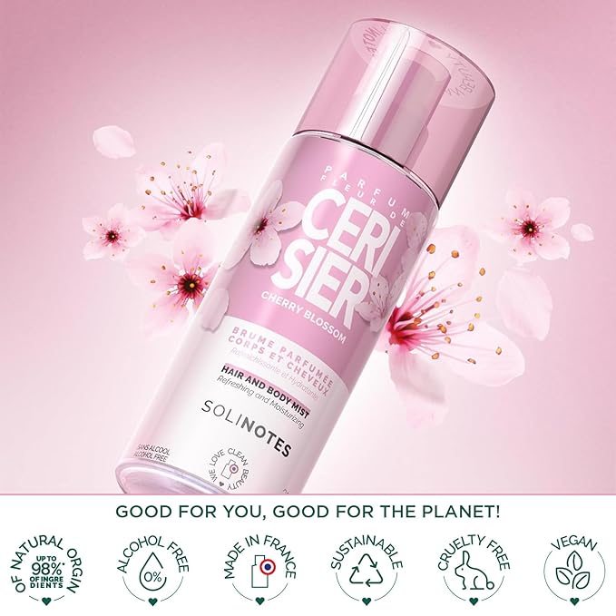 Brume Parfumee Fleur de Cerisier SOLINOTES | Parfum Rafraichissant et Hydratant - Sans Alcool | Brume Parfumee Corps et Cheveux | 250 ml