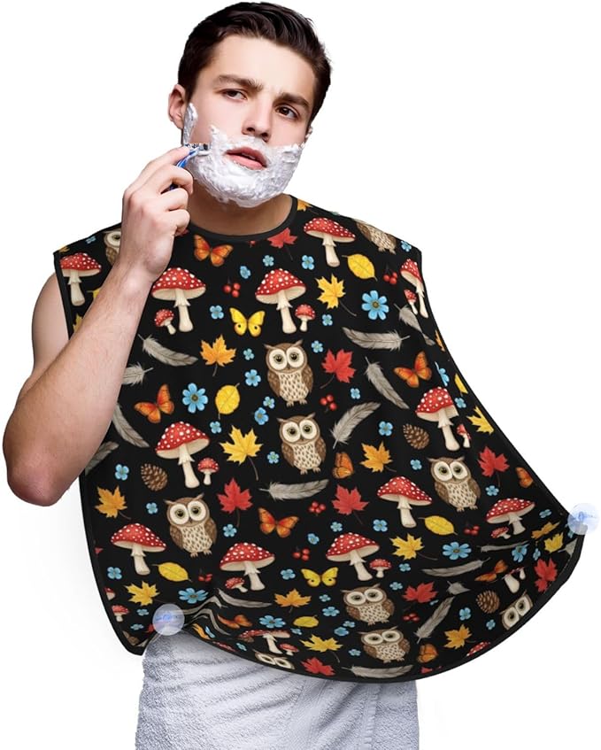 Beard Bib Apron for Men Shaving, Waterproof Non-Stick Hair Catcher with Suction Cups, Grooming Essential for Dad Husband, Owl Mushroom Fall Leaves Shave Bib