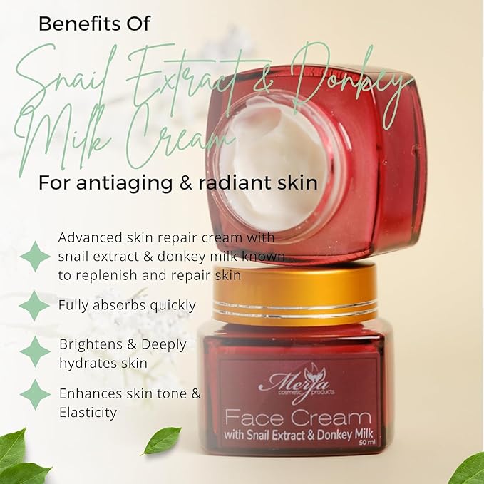 Merja Herbs Anti-aging Face Cream with Donkey Milk and Snail Extract, Aloe & Collagen - Day and Night - Tone refining cream - Enhances Skin Tone & Elasticity