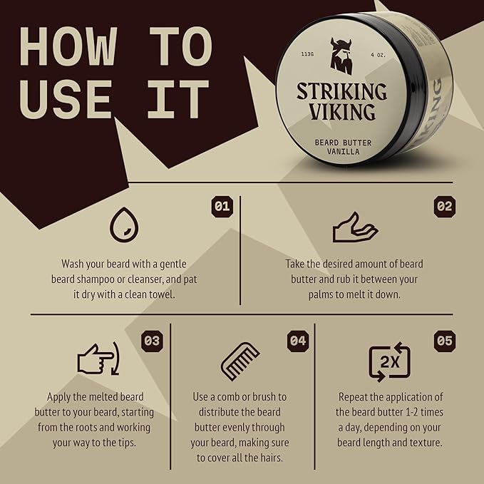 Striking Viking Beard Butter - Non-Greasy Moisturizer With Natural Ingredients (Vanilla, 4oz) - Keep Your Beard Hydrated and Refreshing