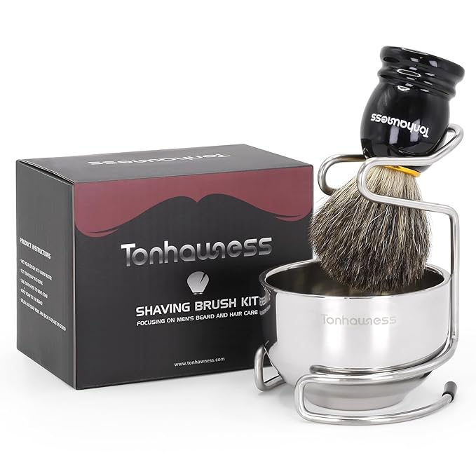 Shaving Brush Kit for Men, 3 in 1 Shave Brush Set Includes Pure Badger Hair Shaving Brushes, 3 Layers Stainless Steel Shaving Bowl and Stand Set for Wet Shave Gift