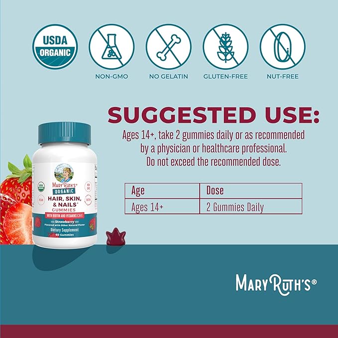 MaryRuth's Hair Skin and Nail Vitamins | USDA Organic | 2500 mcg Biotin Gummies with Vitamin C & Vitamin E | Hair Growth Vitamins | Skin Care | Nail Growth | Ages 14+ | 60 Count
