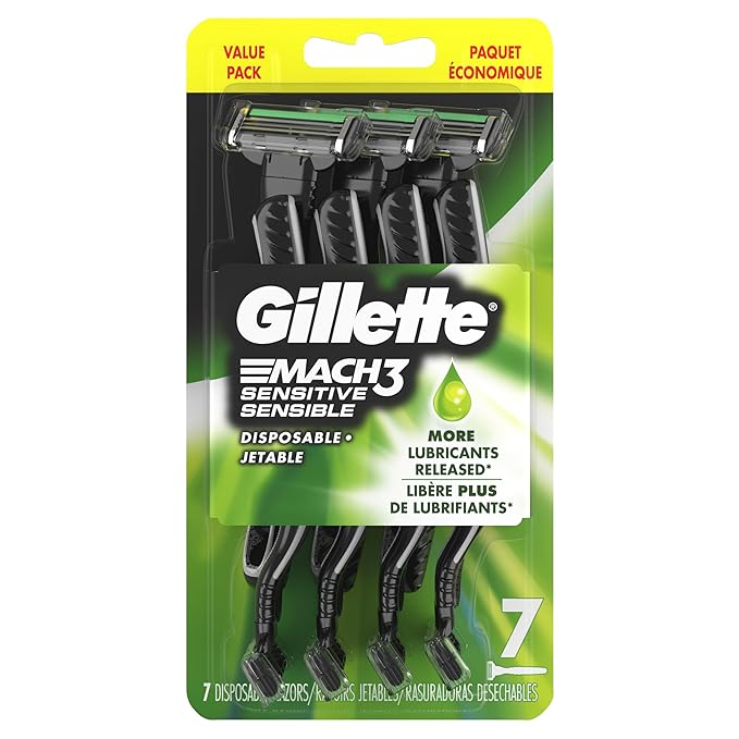 Gillette Mach3 Sensitive Razors for Men, Men’s Disposable Razors, Pivoting Head for Close and Comfortable Shave, 7 Count